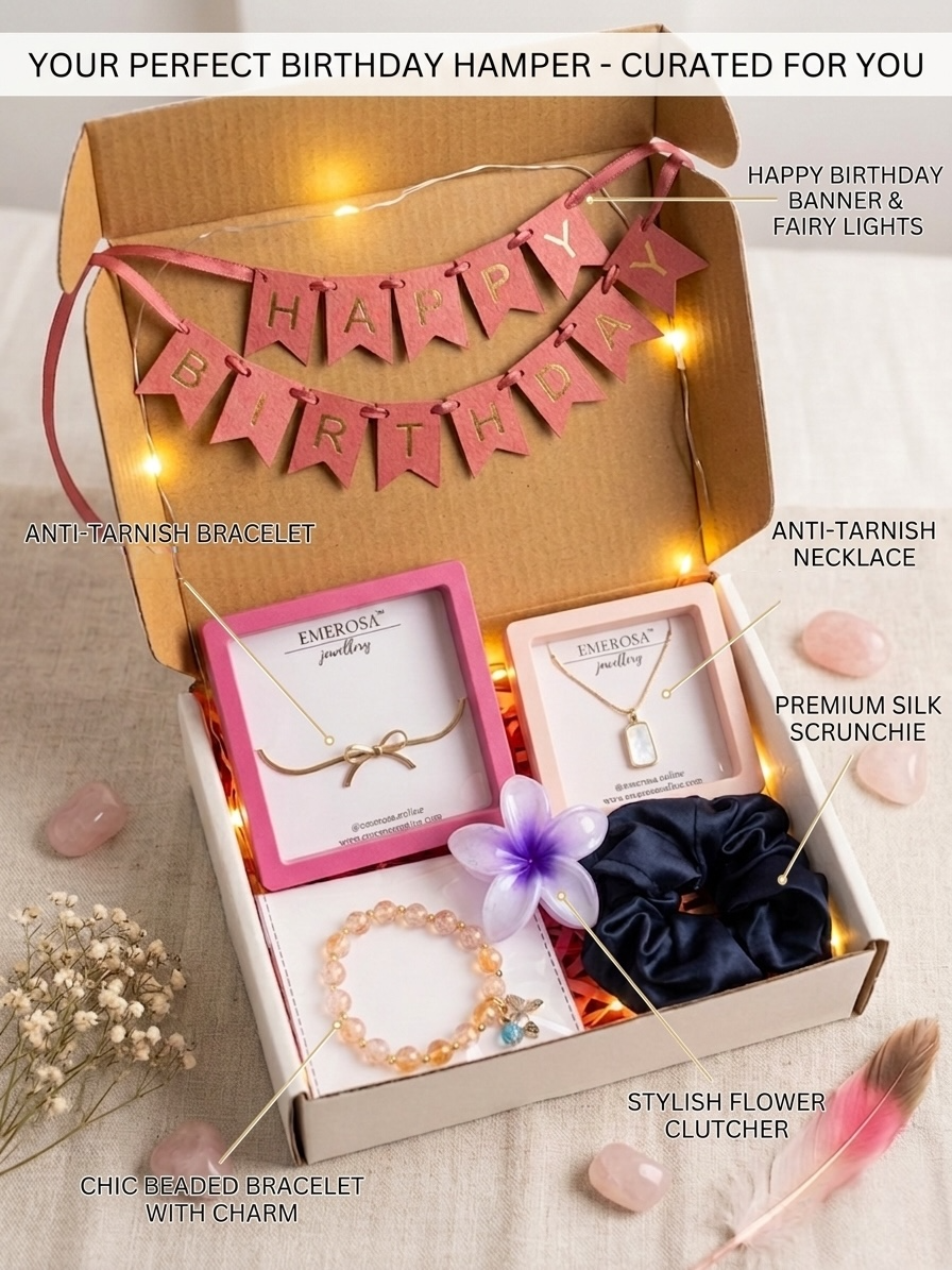 Birthday gift hamper with jewelry, accessories, and decorative items in a box.