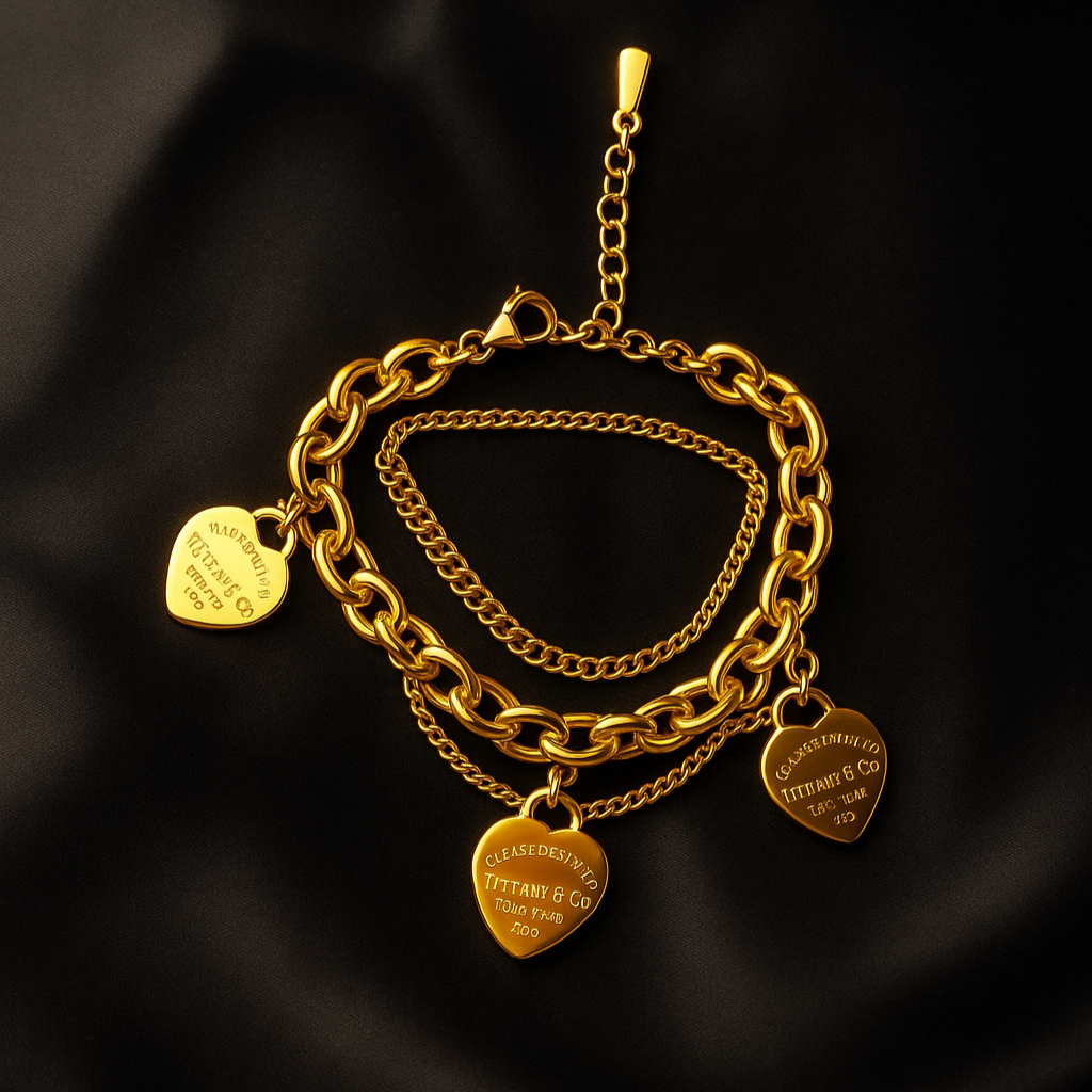Golden Heart Charm Three Layered Bracelet Emerosa Jewellery