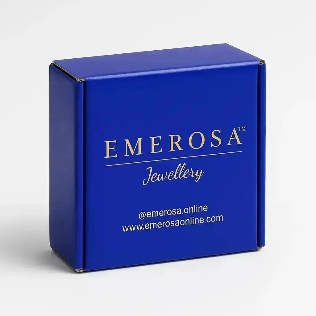 Blue jewelry box with 'Emerosa Jewellery' branding on a white background