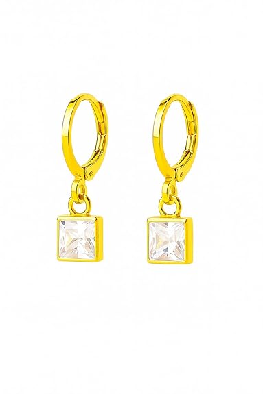 Gold hoop earrings with square crystal drops on a white background