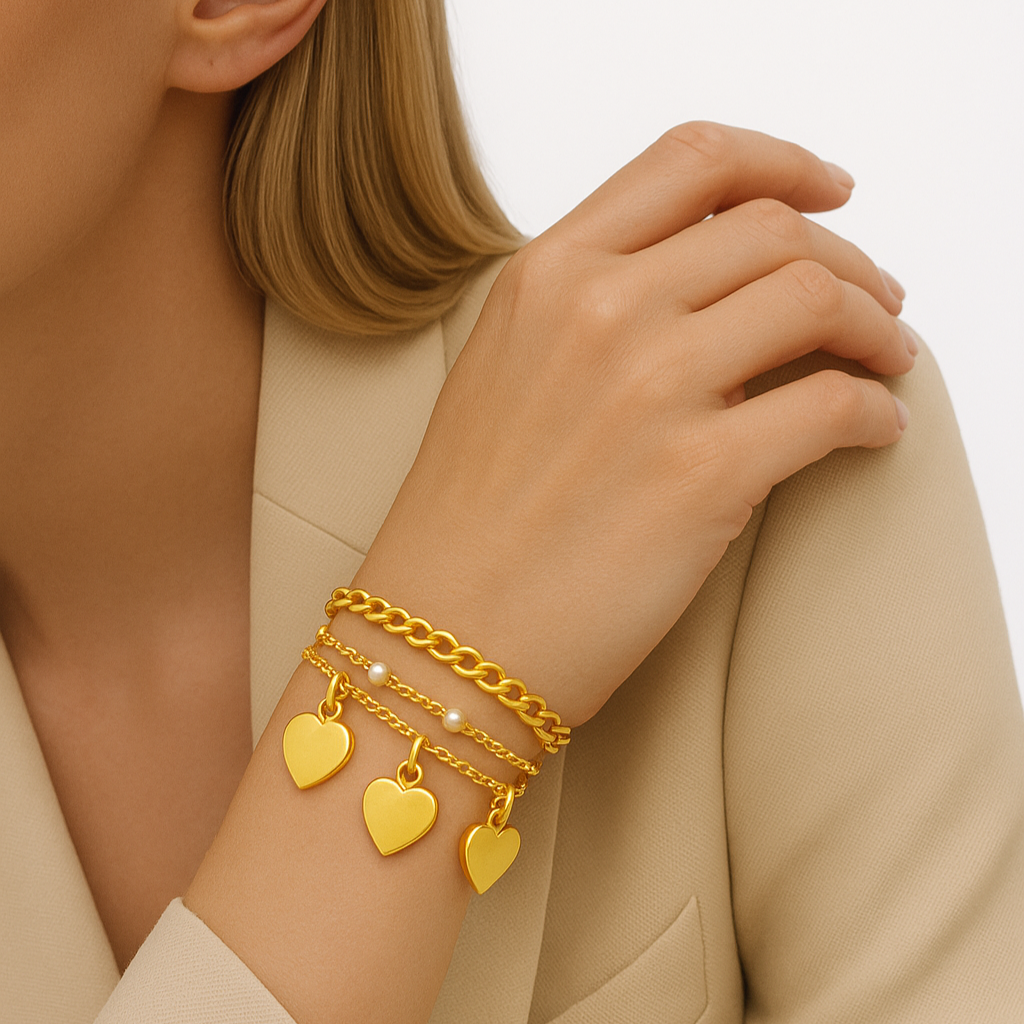 Golden Heart Charm Three Layered Bracelet Emerosa Jewellery