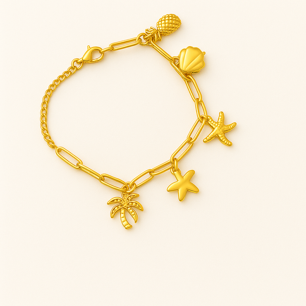 Gold bracelet with beach-themed charms on a light beige background