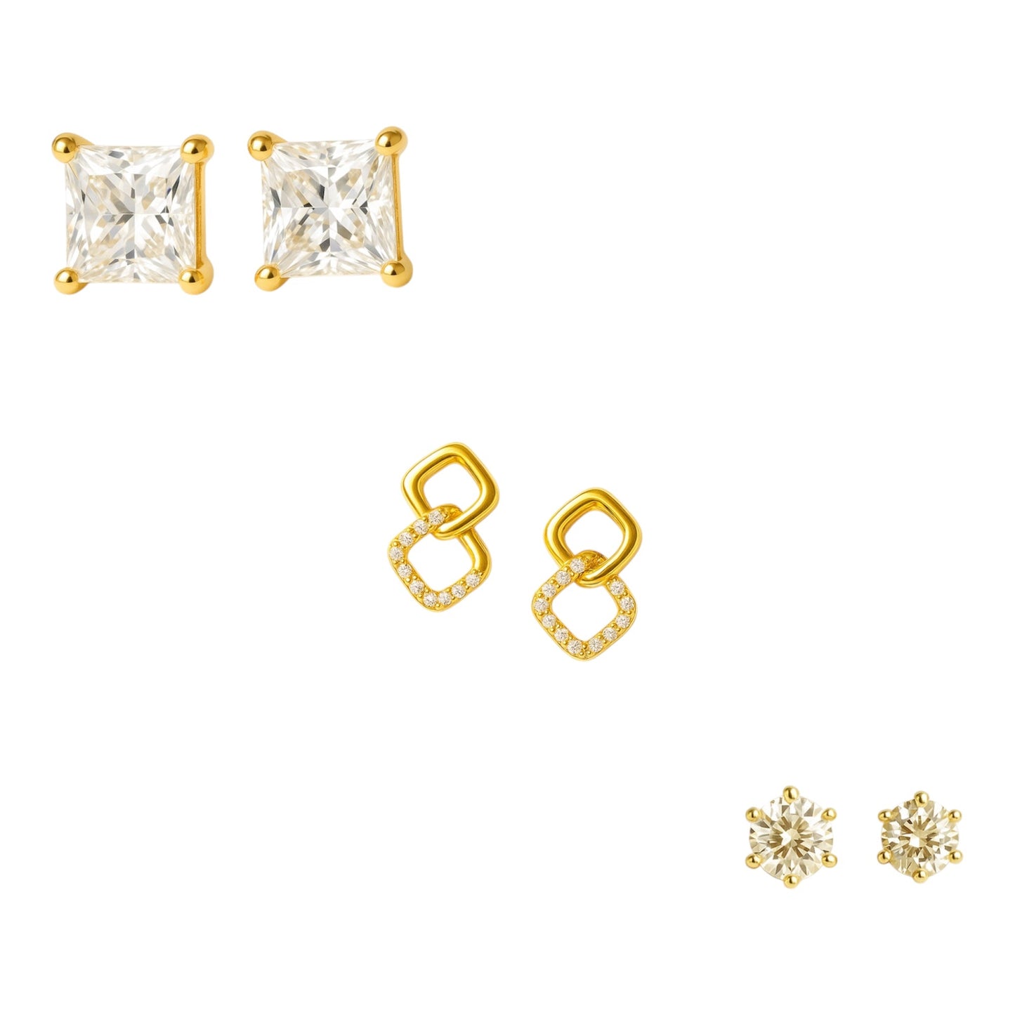 Gold CZ Stud Earrings Set-3 Pairs Emerosa Jewellery