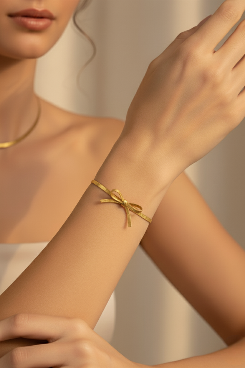 Cute anti tarnish bow bracelet on wrist waterproof