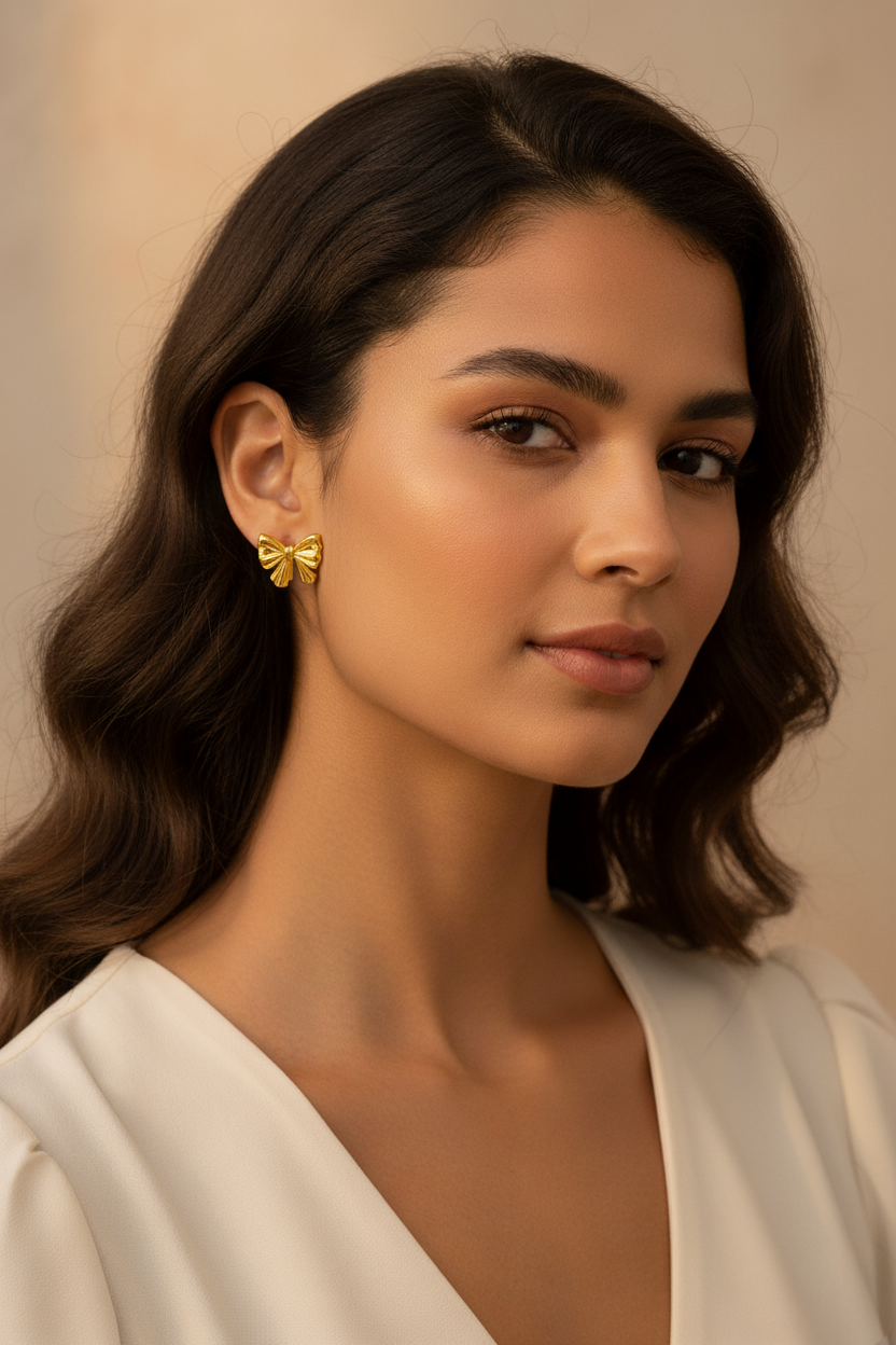 Woman wearing gold bow-shaped earrings against a neutral background