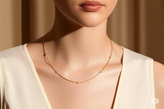 Gold necklace on a model against a neutral background