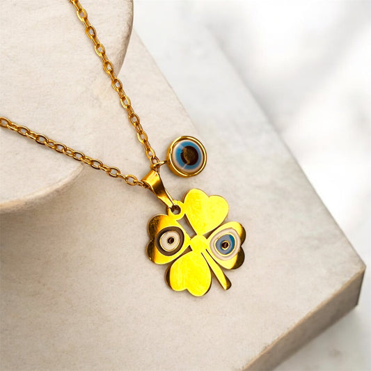 Turkish Blue Evil Eye Clover Heart Necklace Emerosa Jewellery