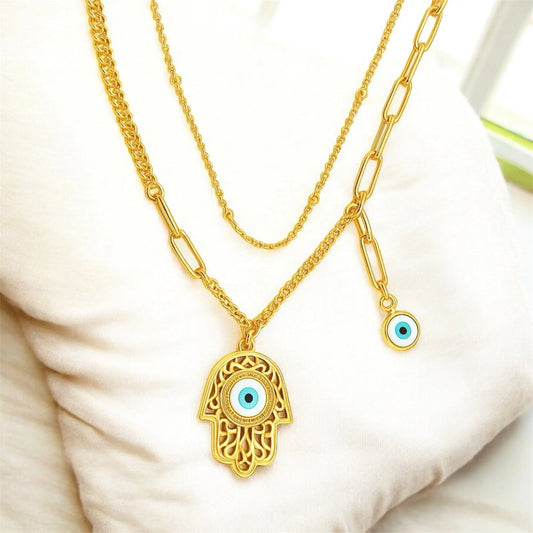 Lucky Hamsa Evil eye Double layered Necklace Emerosa Jewellery