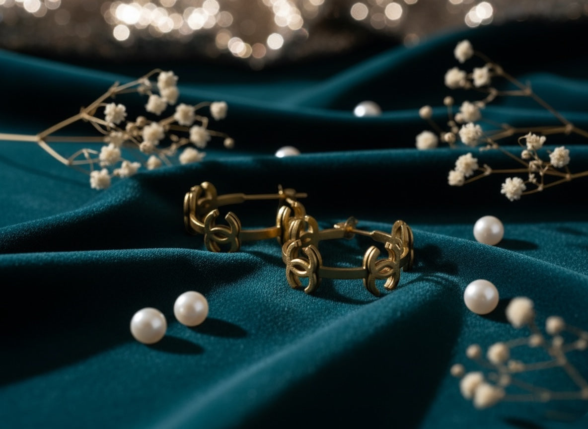 Gold hoop earrings on a teal fabric background with small white flowers.