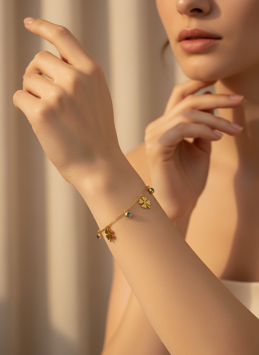 wearing four leaf clover bracelet waterproof hypoallergenic